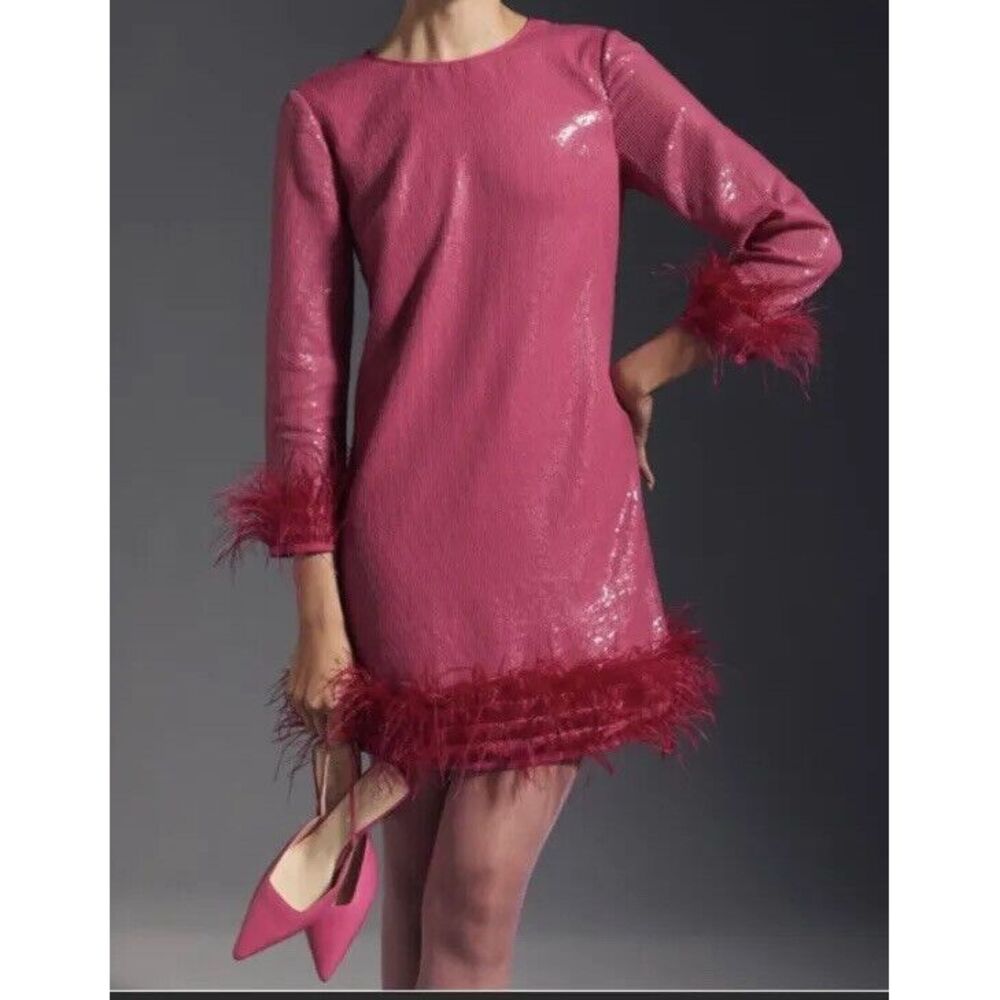 Anthropologie Vineet Bahl Feather‎ Trimmed Sequin Dress Sz XS Pink NWT $360